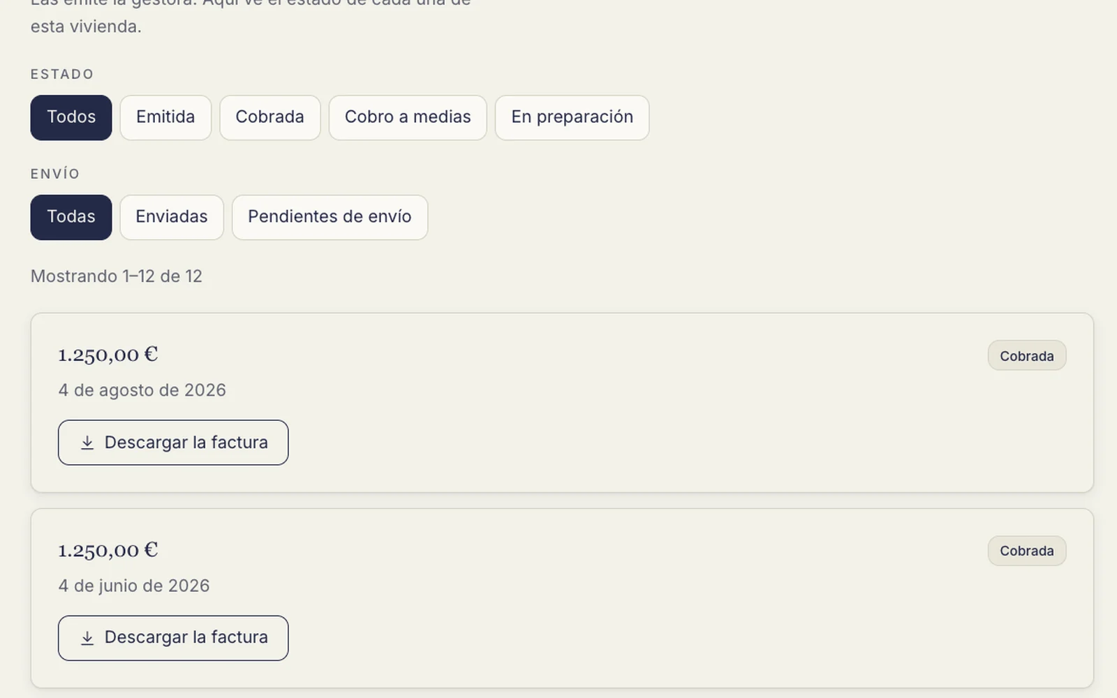Listado de cobros mensuales en el panel, con cada mes marcado como cobrado